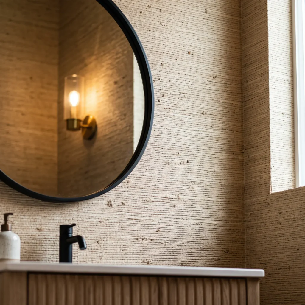 Powder room featuring textured neutral faux grasscloth removable wallpaper with an oak vanity.