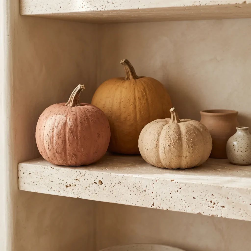 Three decorative pumpkins coated in rough, sandy terracotta baking soda paint on a stone shelf.