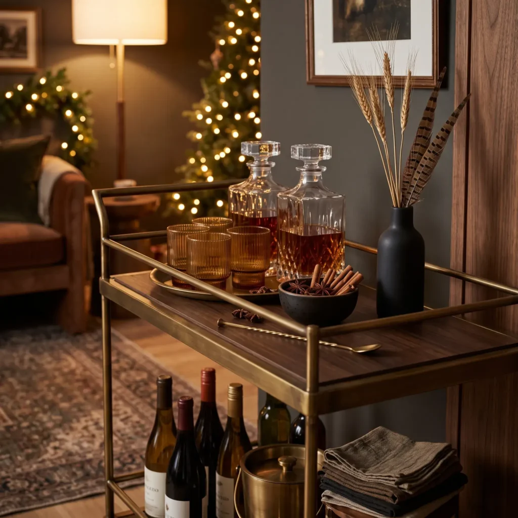 Warm wood and brass bar cart styled for Thanksgiving with whiskey decanters, amber glasses, and a wheat sheaf bud vase.
