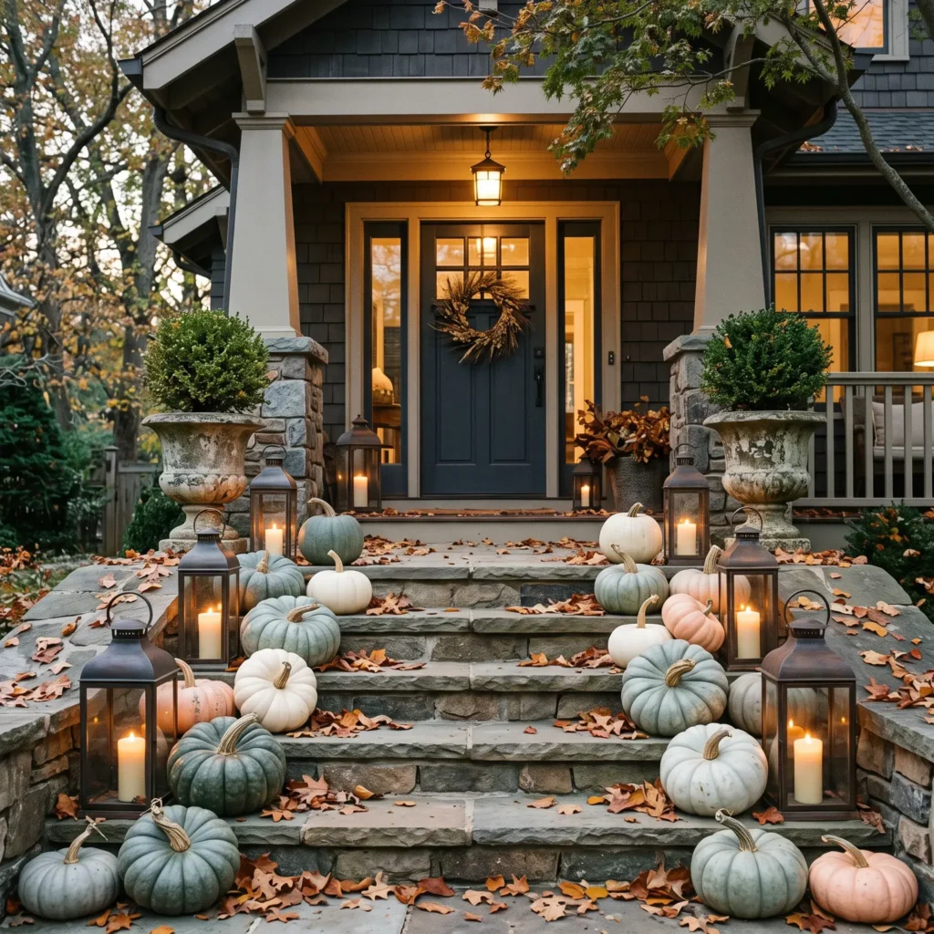 Stone front porch steps decorated with cascading clusters of heirloom blue and white pumpkins, potted boxwoods, and lanterns.