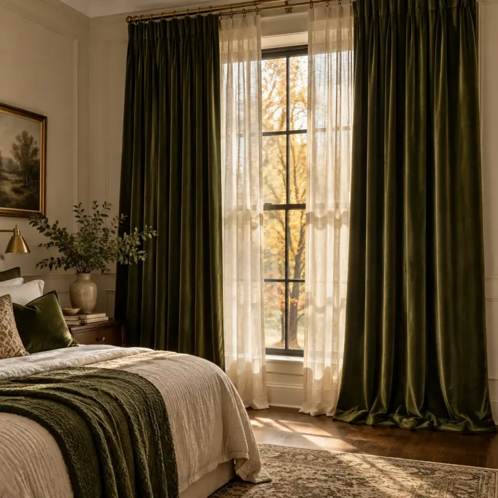 Heavy olive green velvet drapes pooling gracefully on a wood floor beside a cozy autumn bedroom window.