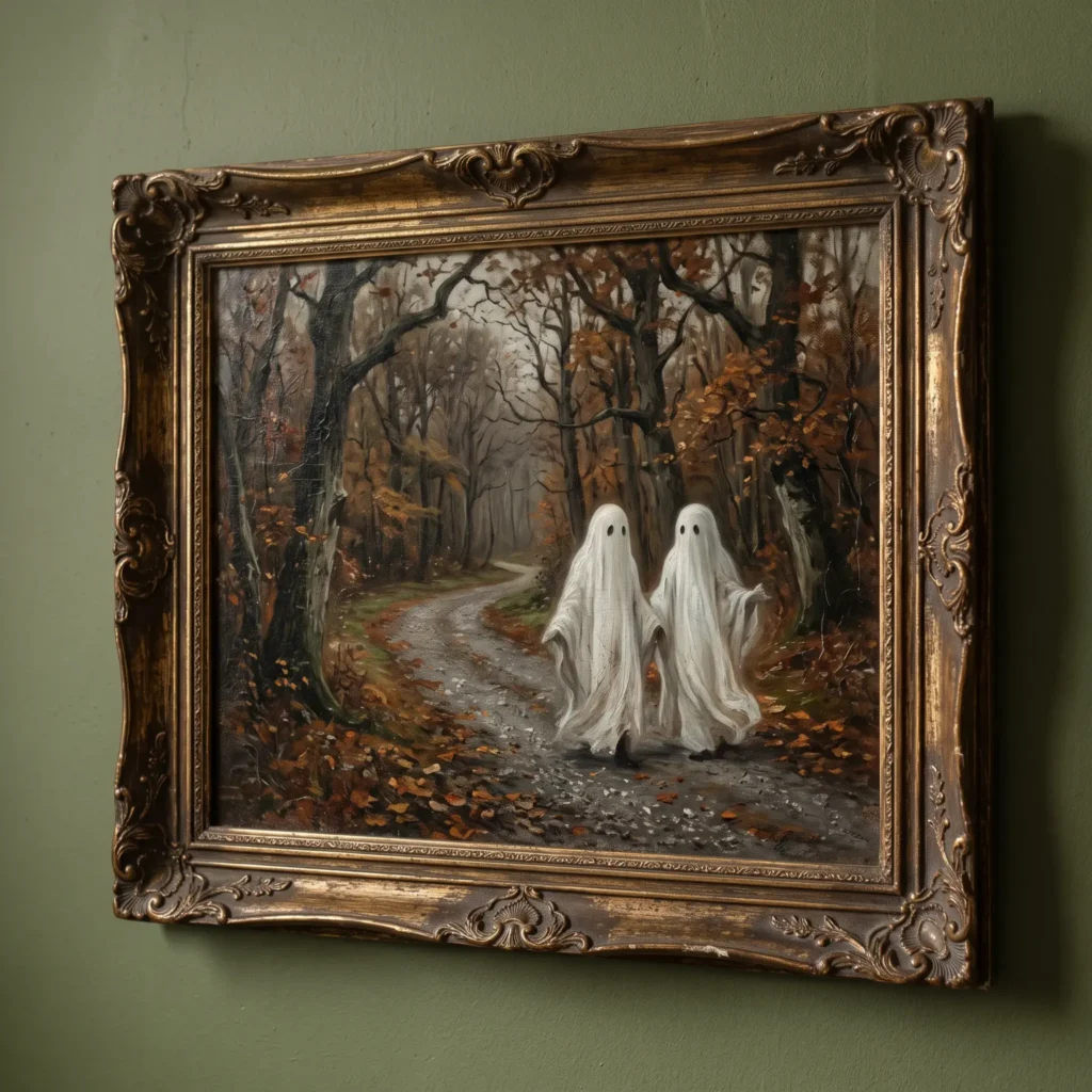 Vintage thrift store landscape painting upcycled with hand-painted translucent friendly ghosts.