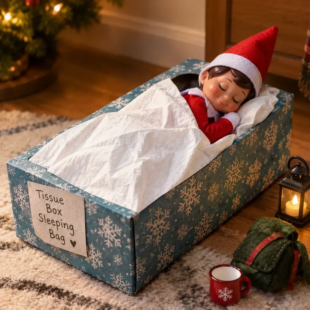 Scout elf tucked into a cardboard facial tissue box using a tissue as a blanket.