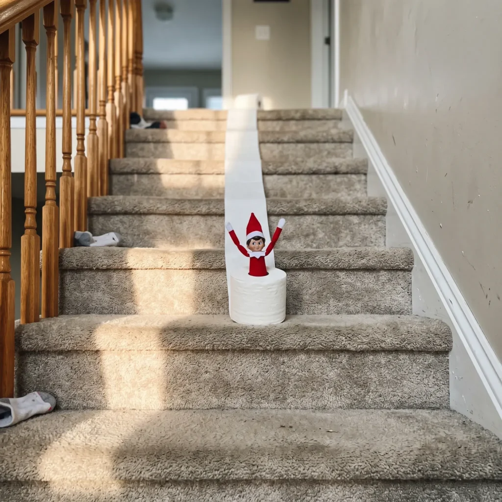 Scout elf sitting inside a toilet paper roll sliding down carpeted stairs.