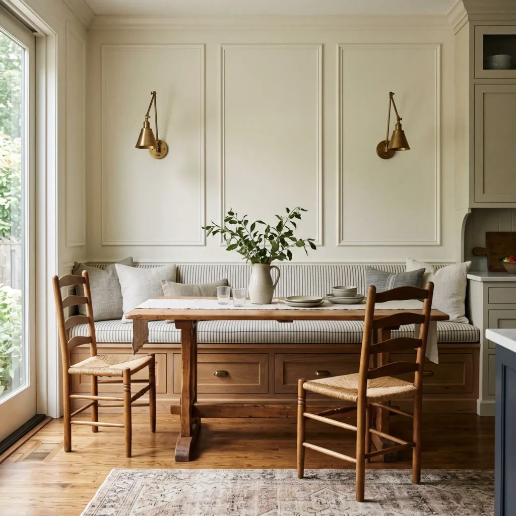 Traditional kitchen breakfast nook with picture frame wall moldings, linen banquette bench, and an inset trestle table.
