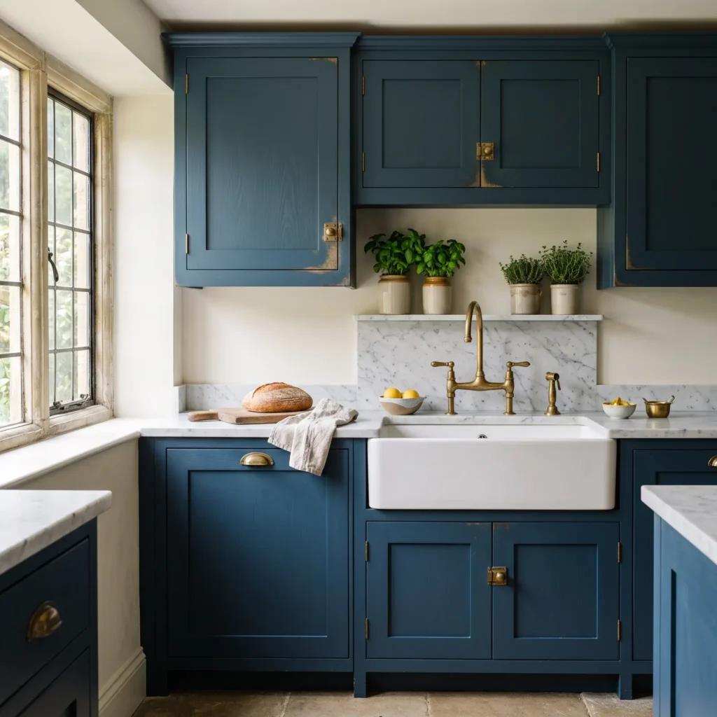 Farrow and Ball Stiffkey Blue inset cabinets paired with Armac Martin unlacquered brass latches and honed Carrara marble.