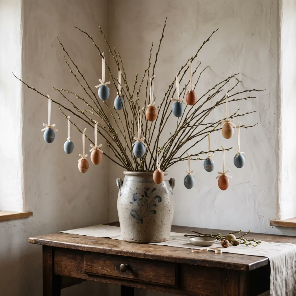 German Easter egg tree with tall bare branches in a stoneware crock decorated with hanging earth-toned eggs.