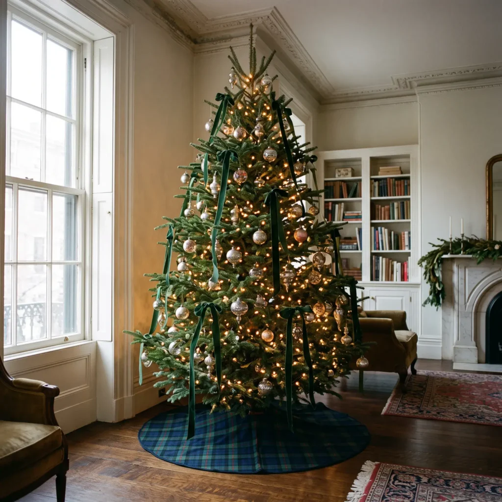 Classic Christmas tree decorated with warm incandescent lights, antique glass ornaments, and green velvet ribbons on dark wood floors.
