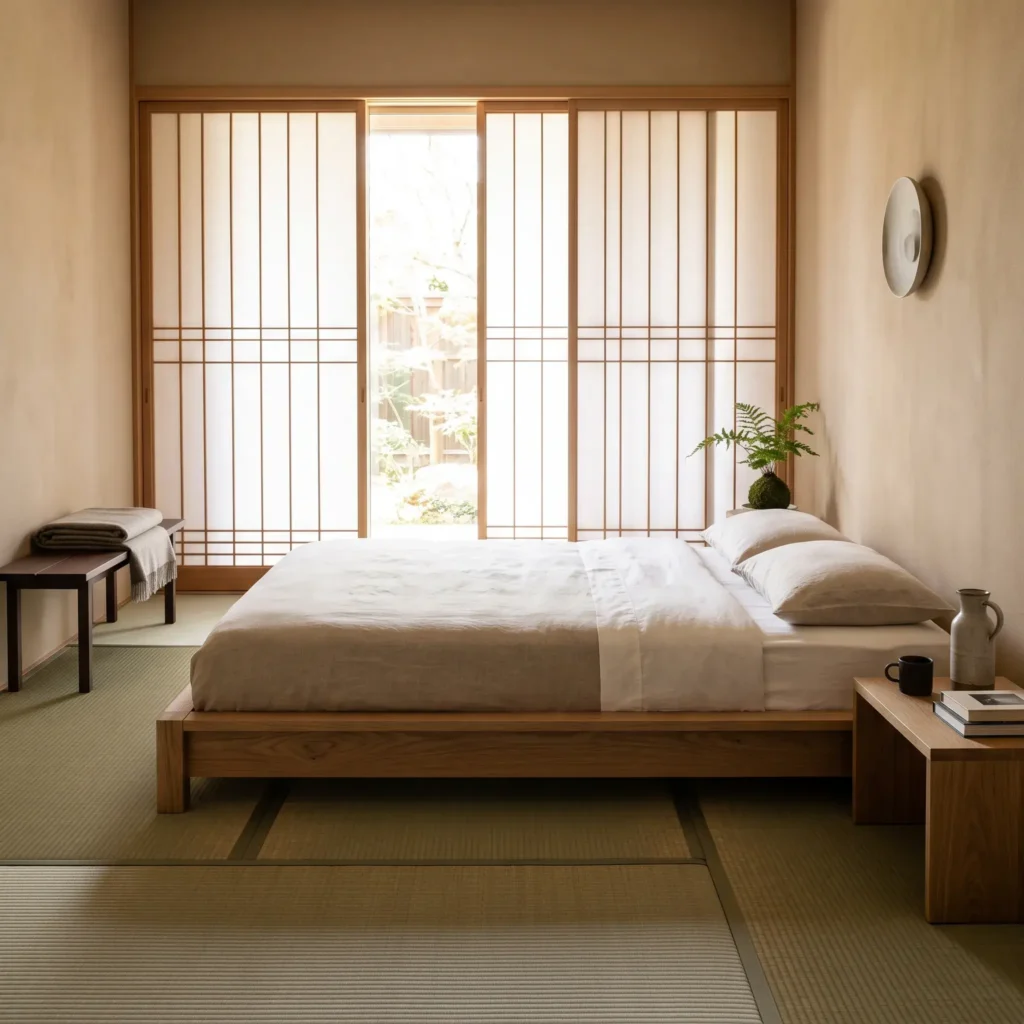 Low wood bed frame resting on traditional rush grass tatami mats with soft filtered natural window light.