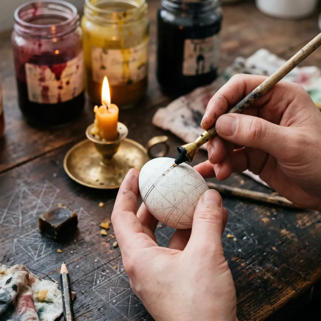 Hands using a heated brass kistka and beeswax to draw traditional folk patterns on an Easter egg.