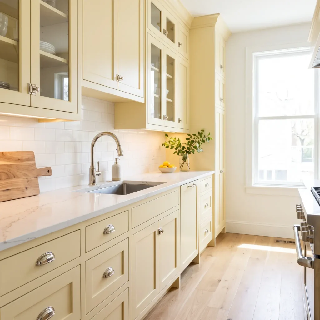 Transitional butter yellow shaker cabinets with shiny polished nickel latches and white quartz countertops.