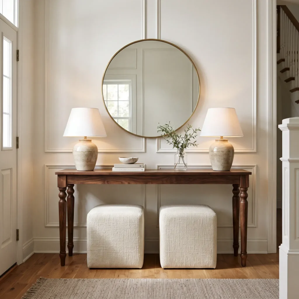 Transitional entryway with a walnut console table, paired cream table lamps, and a round brass mirror.