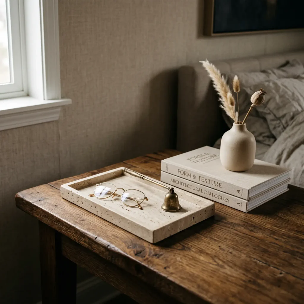 Honed travertine catchall tray holding glasses and books on a styled bedside table with negative space.