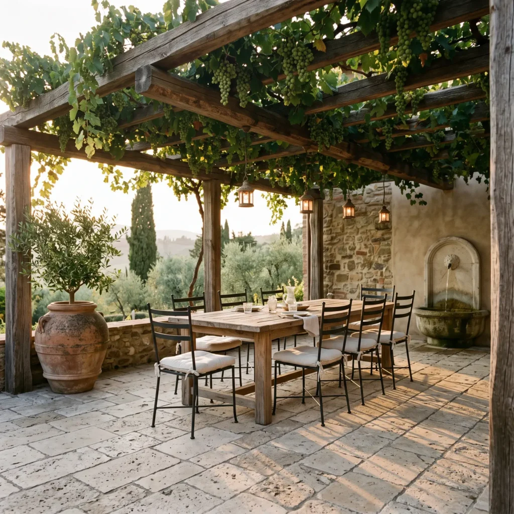 Tuscan style stone patio with tumbled travertine pavers, cedar pergola covered in vines, and long rustic dining table.