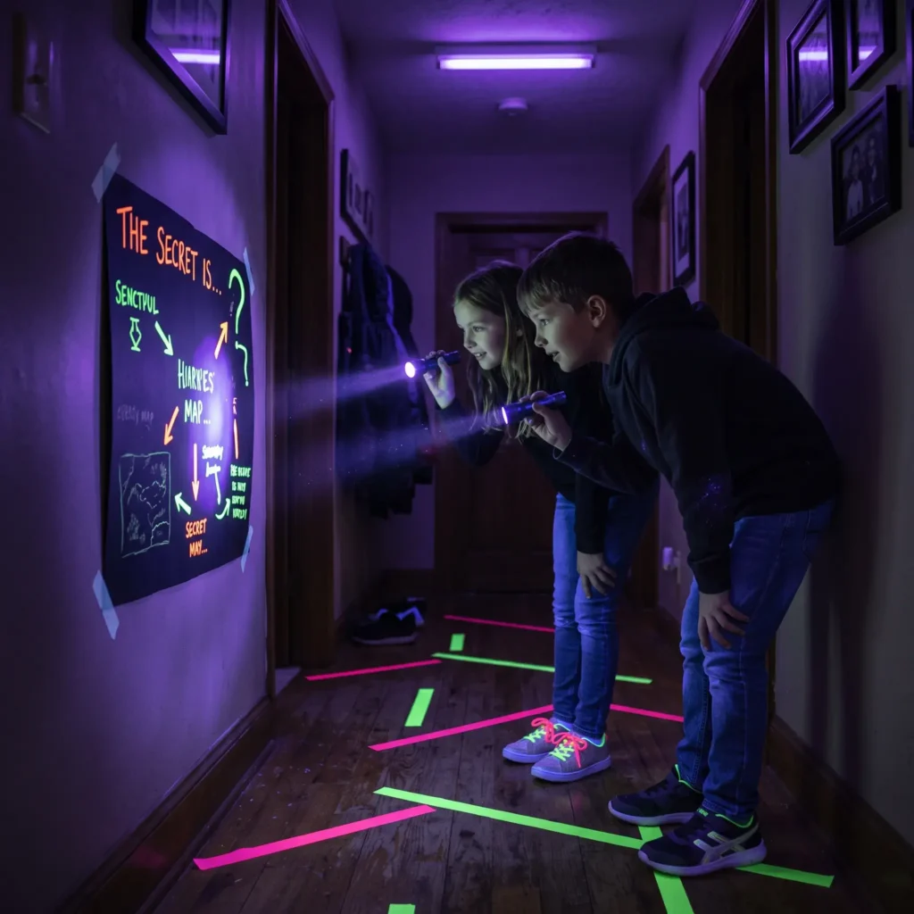 Tweens using ultraviolet flashlights to solve neon clues along a dark party hallway
