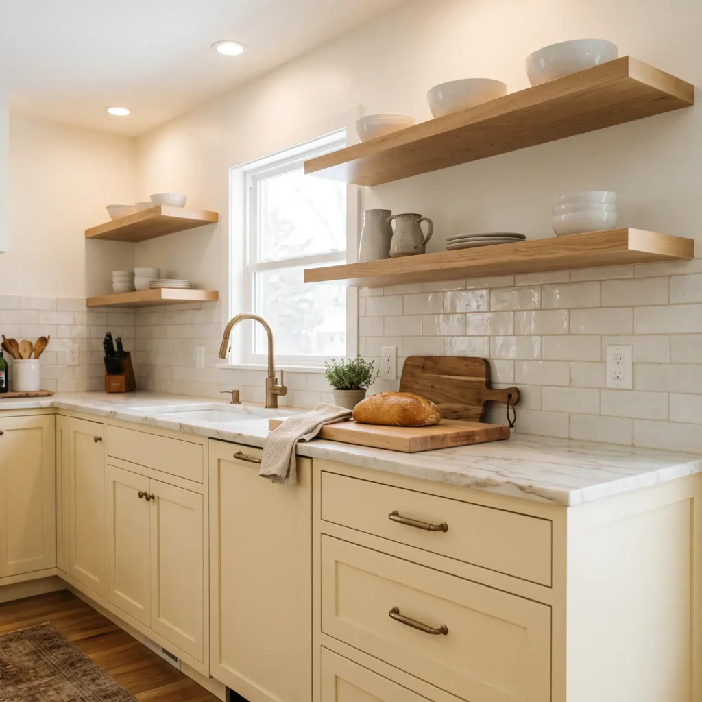 Two-tone kitchen featuring butter yellow lower cabinets, white oak floating shelves, and white marble countertops.