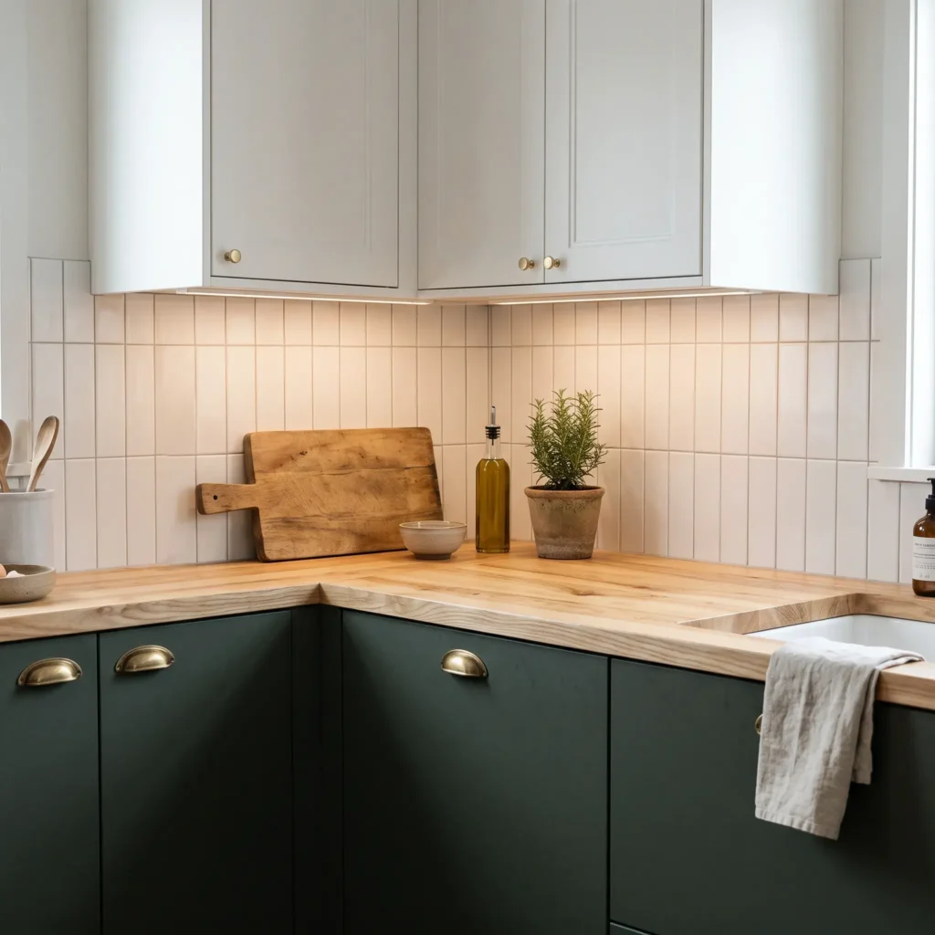 Two-tone kitchen featuring dark green IKEA HAVSTORP base cabinets and matte white AXSTAD upper cabinets with brass pulls.