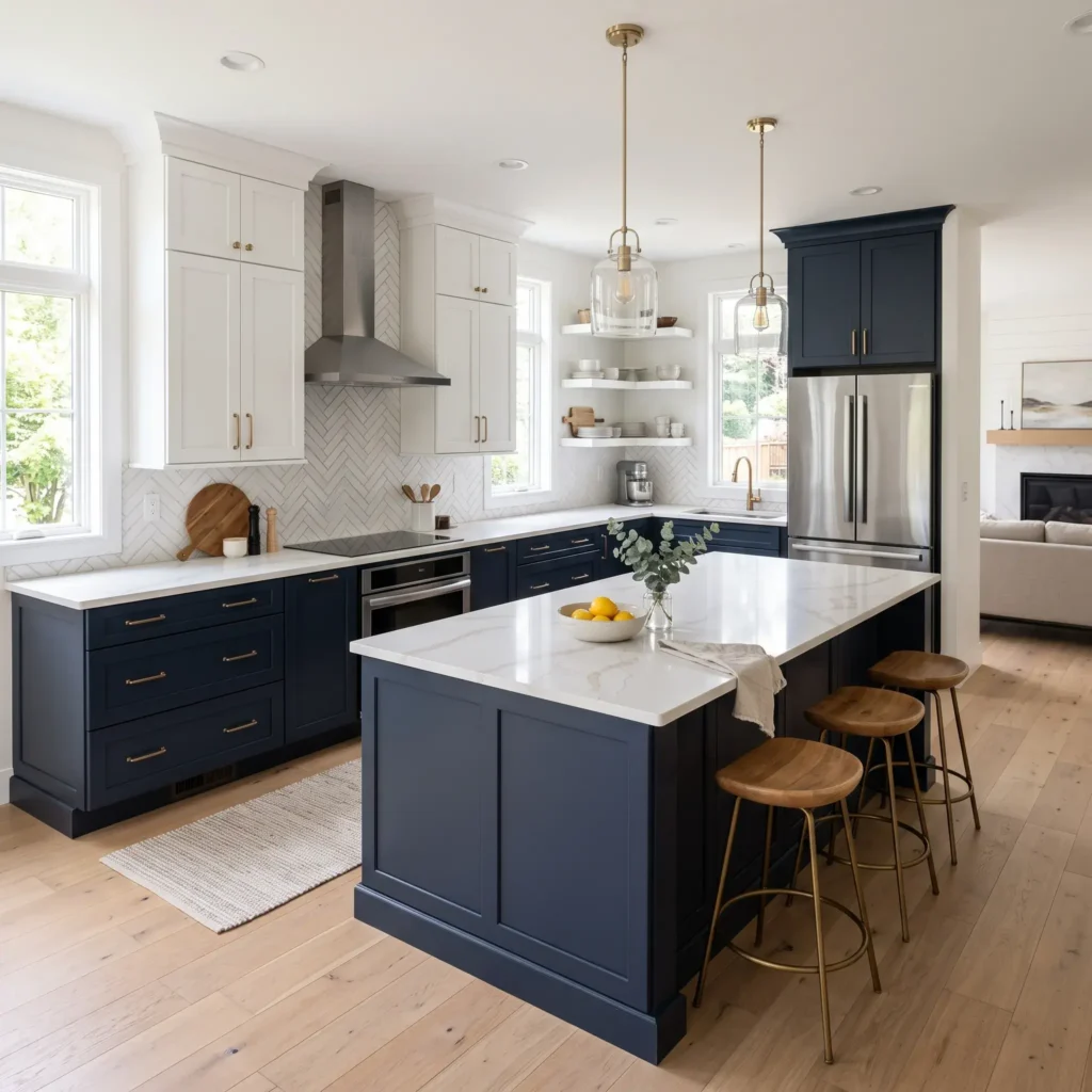Two-tone kitchen with navy blue base cabinets, white upper cabinets, and Amerock champagne bronze hardware.