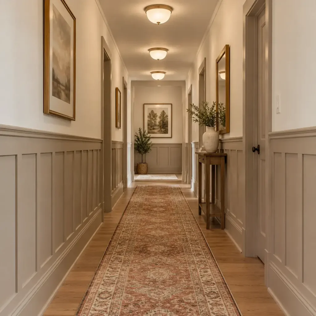 Long home corridor featuring taupe board and batten paneling with off-white upper walls and flush mount lights.
