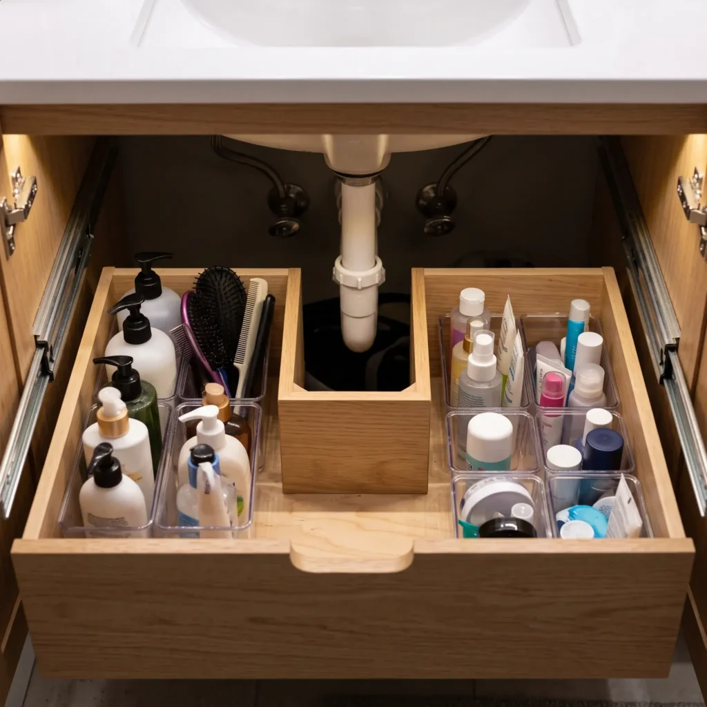Custom U-shaped pullout drawer fitting neatly around under-sink plumbing pipes.