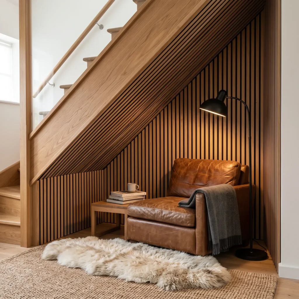 Under-stairs reading nook with warm wood wall slats, a cognac leather armchair, and a thick sheepskin rug.