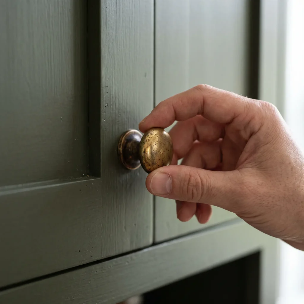Hand gripping an unlacquered brass cabinet knob showing natural dark patina on an olive green cabinet.