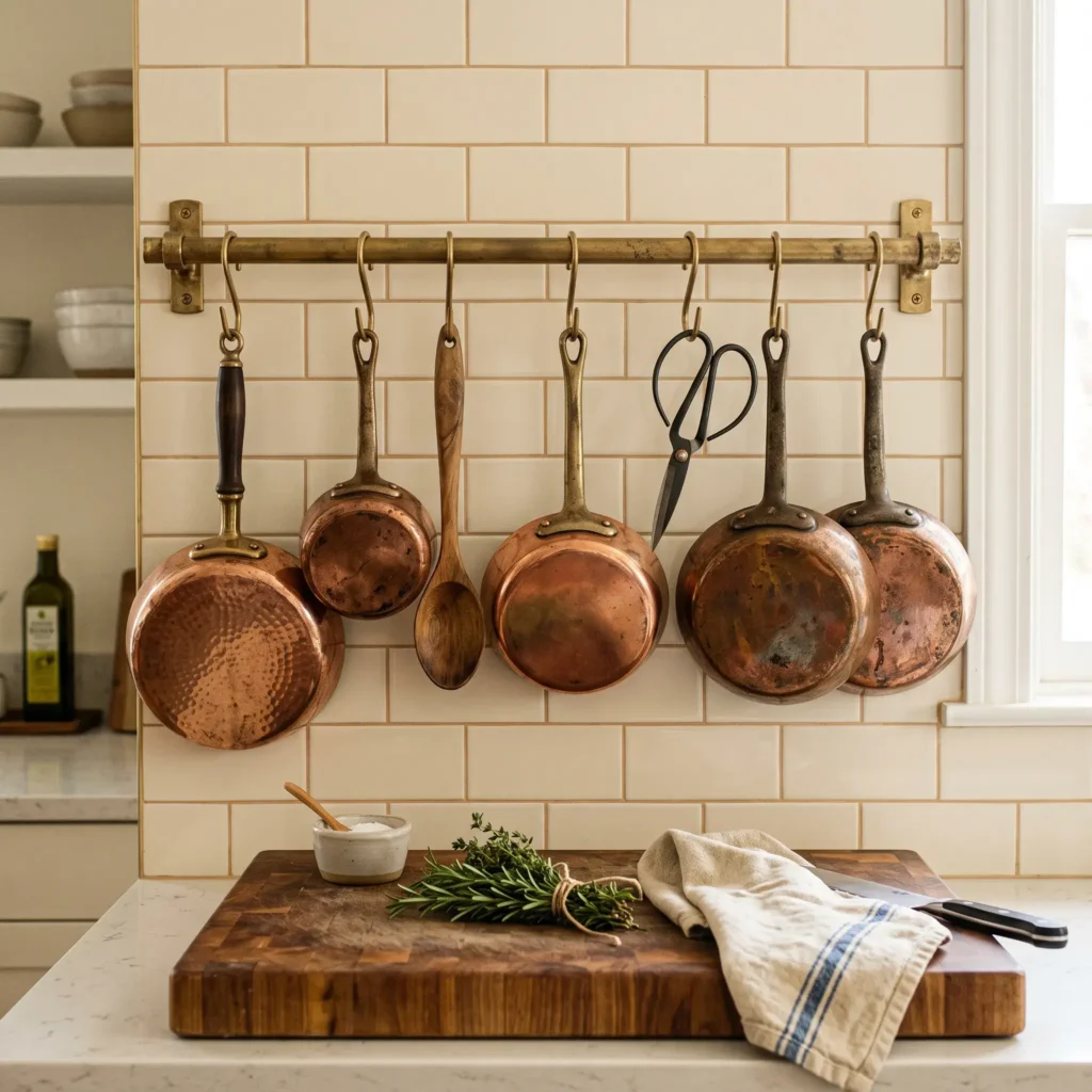 Wall-mounted solid brass utensil and pot rail with copper pans hanging above a kitchen counter.