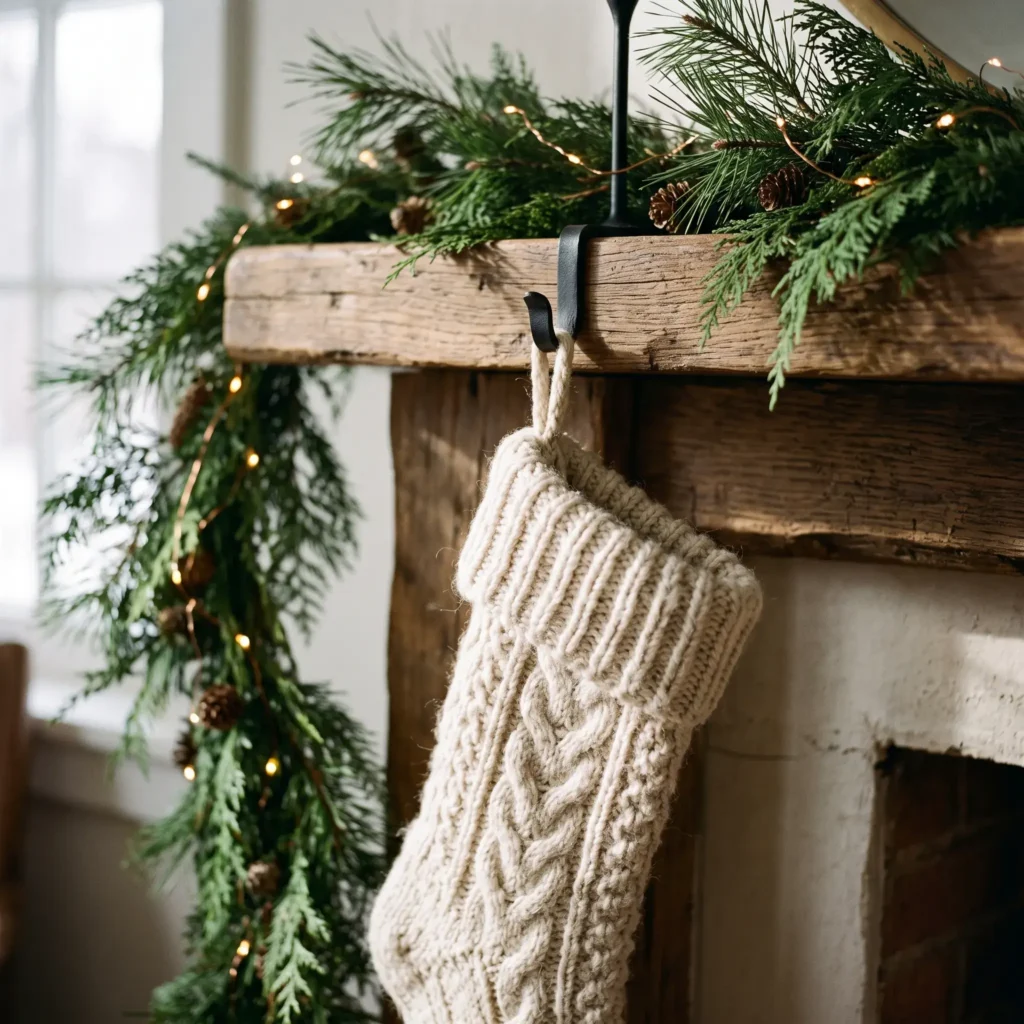 Cream cable knit holiday stocking made from an upcycled sweater hanging on a rustic wood fireplace mantel.