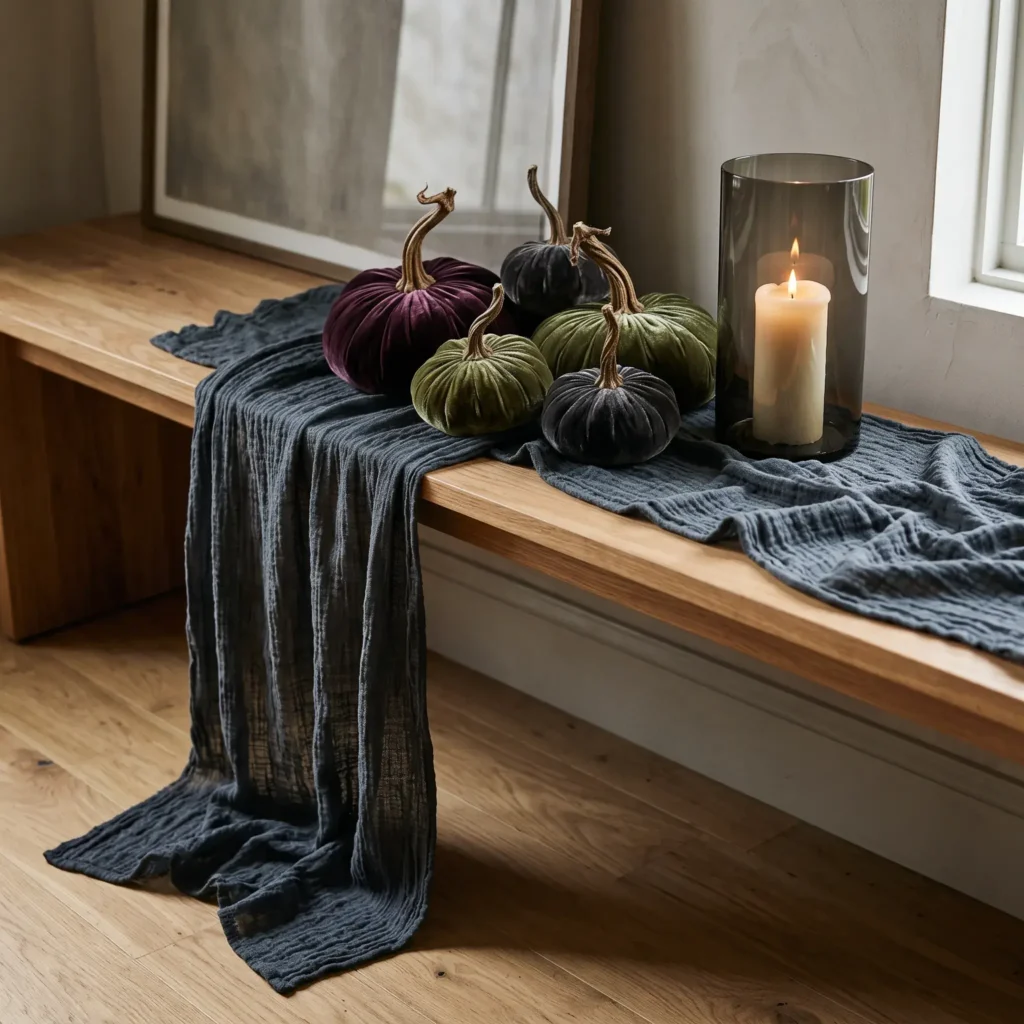Entryway console table styled with dark grey cheesecloth runner, plush velvet pumpkins, and smoked glass hurricane lamp.