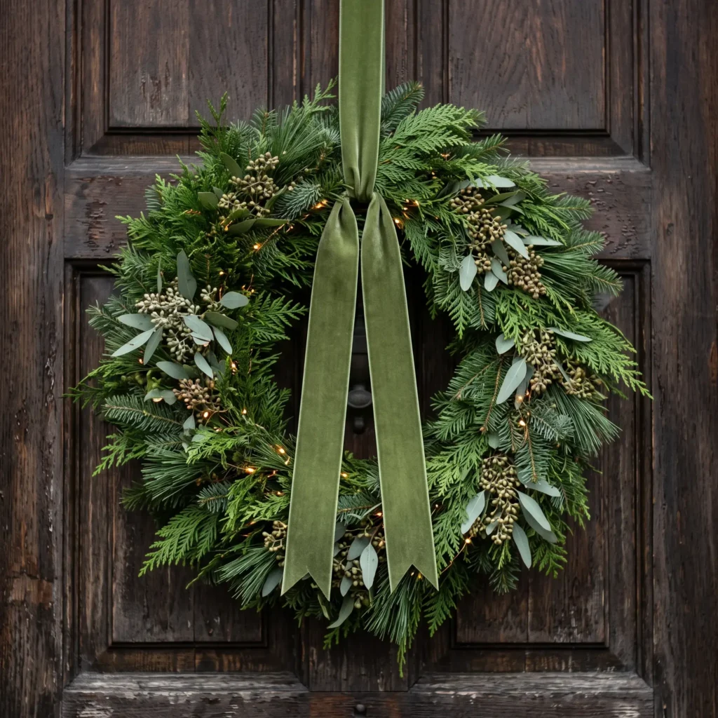 Dense 30-inch mixed cedar and fir holiday wreath suspended on a dark wood door by a wide moss-green velvet ribbon.