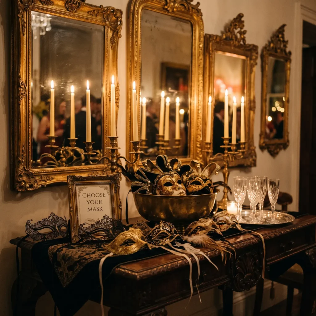 Entryway console table displaying filigree masquerade masks, gilded mirrors, and champagne flutes.