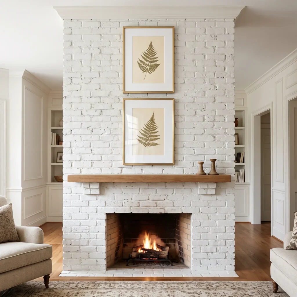 Vertical column gallery wall with two brass frames centered above a white brick fireplace mantel.