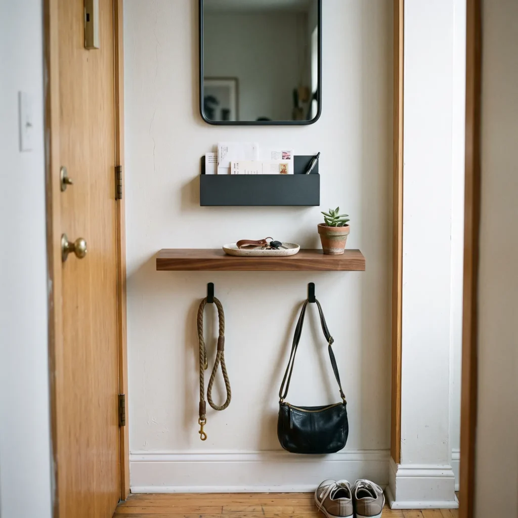 Vertical entryway organization station with a mirror, mail pocket, floating key shelf, and wall hooks.