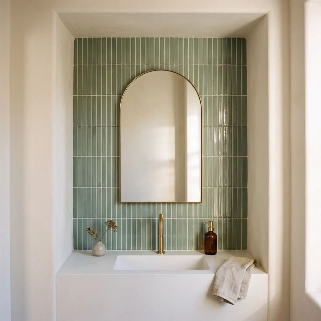 Small bathroom vanity alcove featuring vertical kit-kat finger tiles in eucalyptus green with an arched brass mirror.