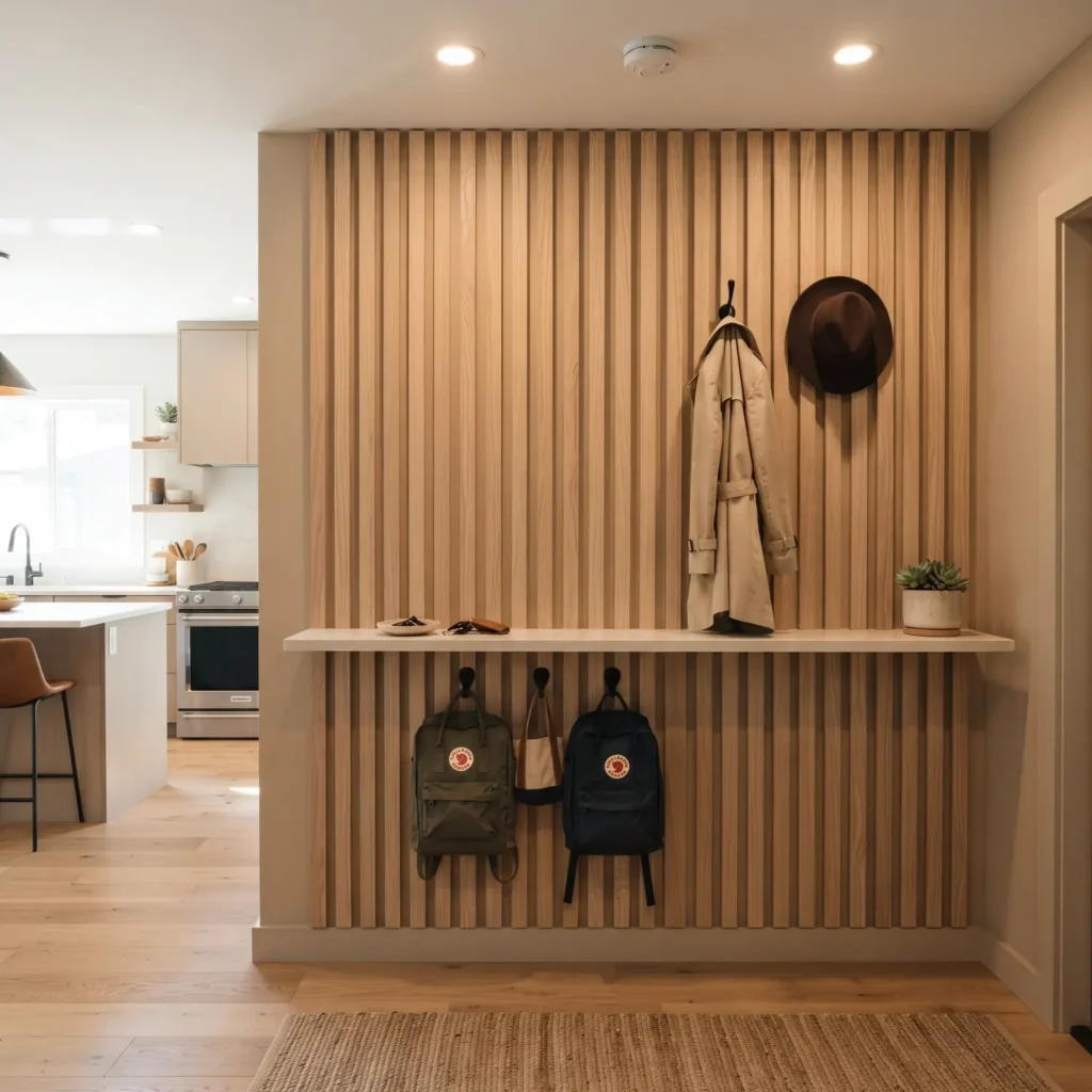 Modern white oak slatwall drop zone with floating quartz shelf and two tiers of hooks for backpacks and coats.
