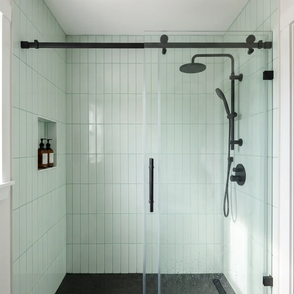 Compact shower alcove with vertically stacked pale mint tiles and black fixtures.