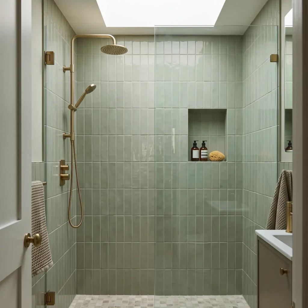 Small walk-in shower with vertical soldier stack sage green subway tiles and brushed brass plumbing fixtures.