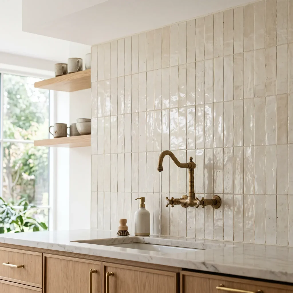 Vertically stacked glazed ceramic tile running from counter to ceiling on an open kitchen wall.