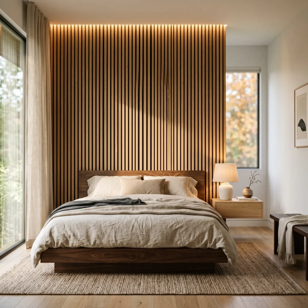 Floor to ceiling vertical oak timber slat accent wall behind a low wooden bed in a quiet Japandi bedroom.