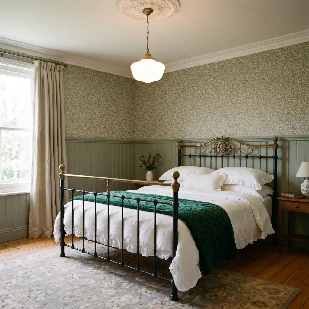 Victorian style bedroom with Farrow and Ball Green Smoke beadboard, archival botanical wallpaper, and cast brass lamps.