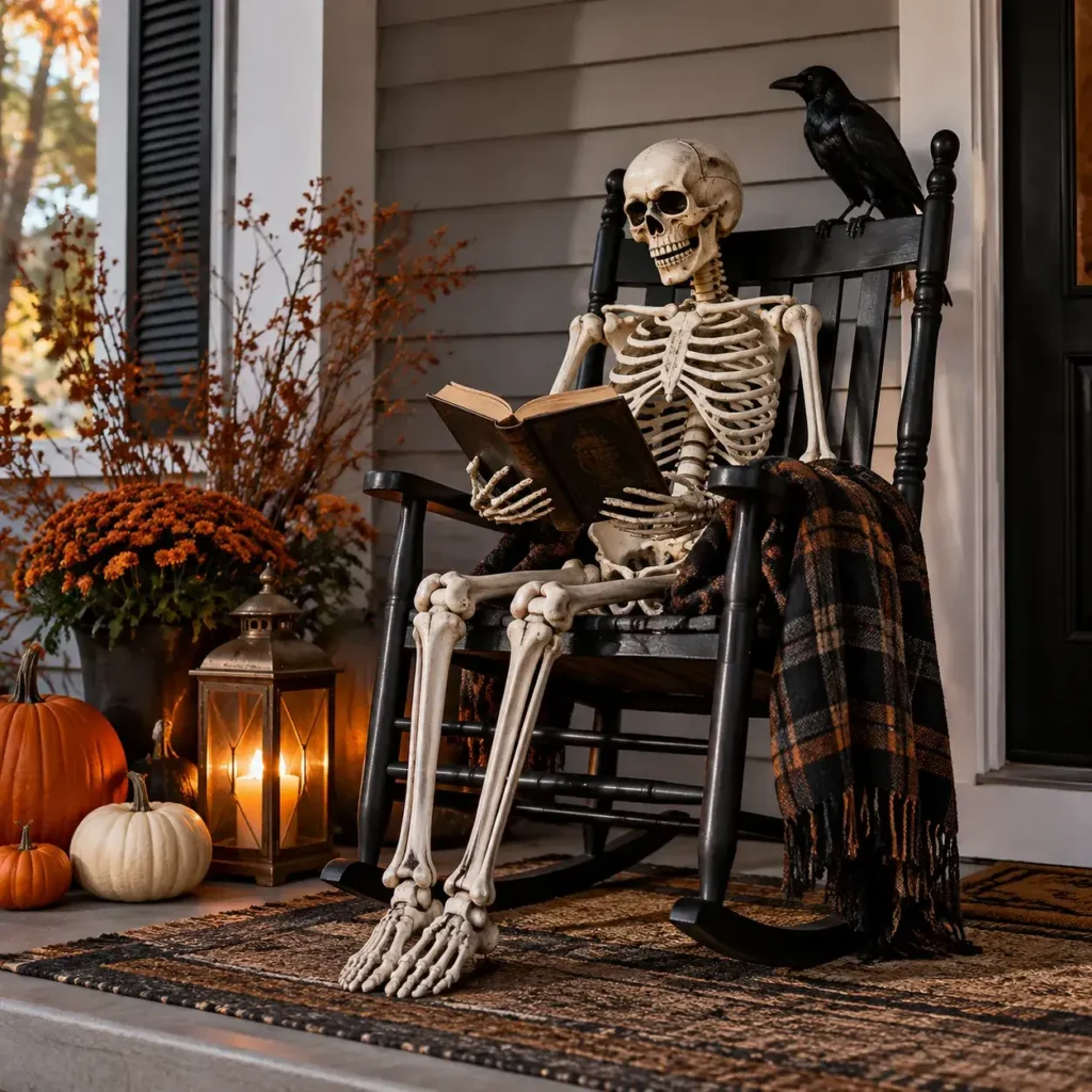 Poseable skeleton sitting in a black rocking chair on a front porch with a plaid blanket and lantern.