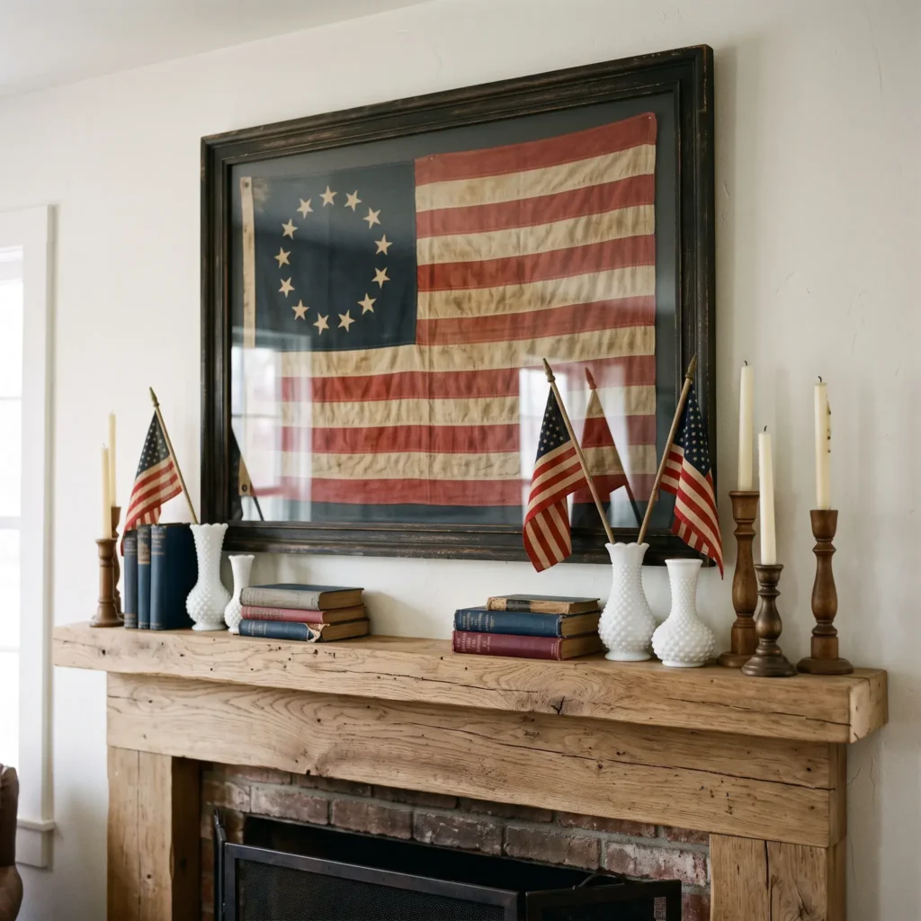 Living room fireplace mantel featuring a framed antique 13-star flag, vintage white milk glass vases with mini wooden flags, and brass candlesticks.