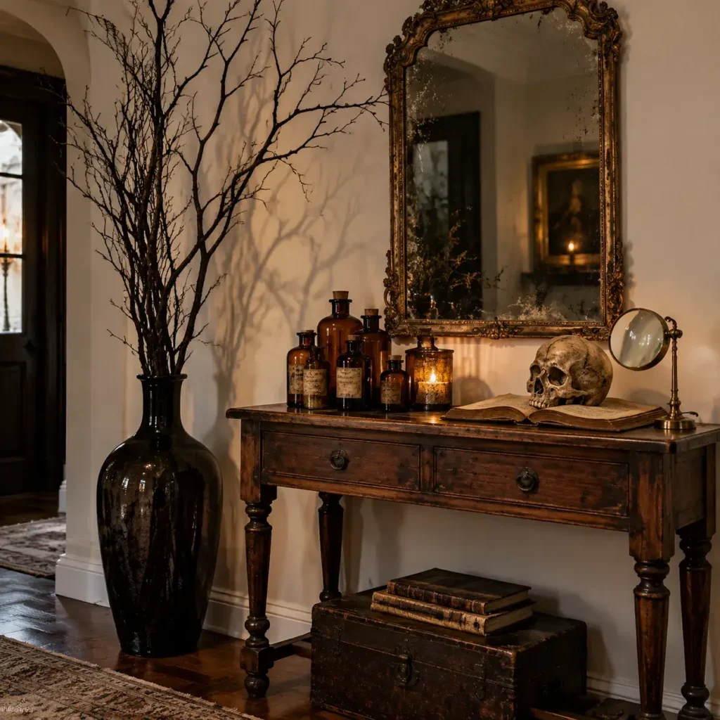 Vintage entryway console table styled with an antique mirror, amber glass bottles, and bare branch shadows.