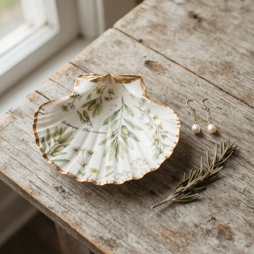 Wide scallop shell catchall featuring a green botanical wildflower decoupage design with a matte finish on a wooden tabletop.