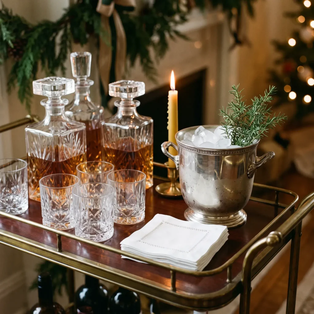 Antique bar cart styled for the holidays with cut crystal decanters, silver ice bucket, and linen cocktail napkins under candlelight.