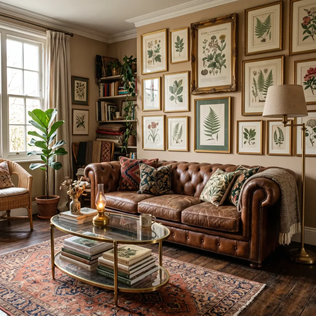Eclectic living room featuring a vintage brown leather Chesterfield couch, antique Persian rug, and botanical gallery wall.