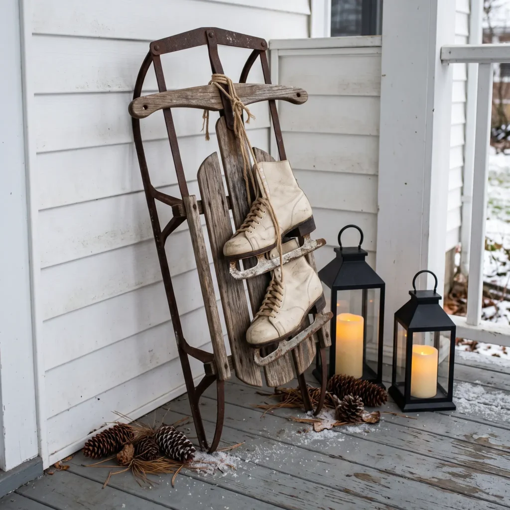 Vintage wooden sled and old leather ice skates styled in a front porch corner with glowing black lanterns.