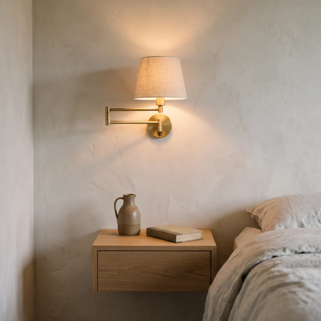 Wall-mounted brass reading sconce positioned above an uncluttered floating nightstand in a small bedroom.