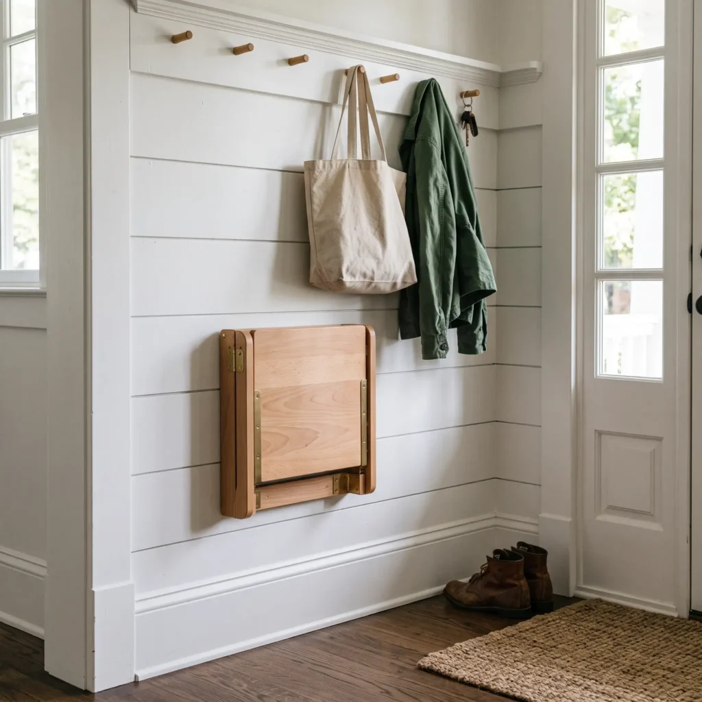 Solid wood wall-mounted folding seat with a Shaker peg rail installed in a compact entryway.