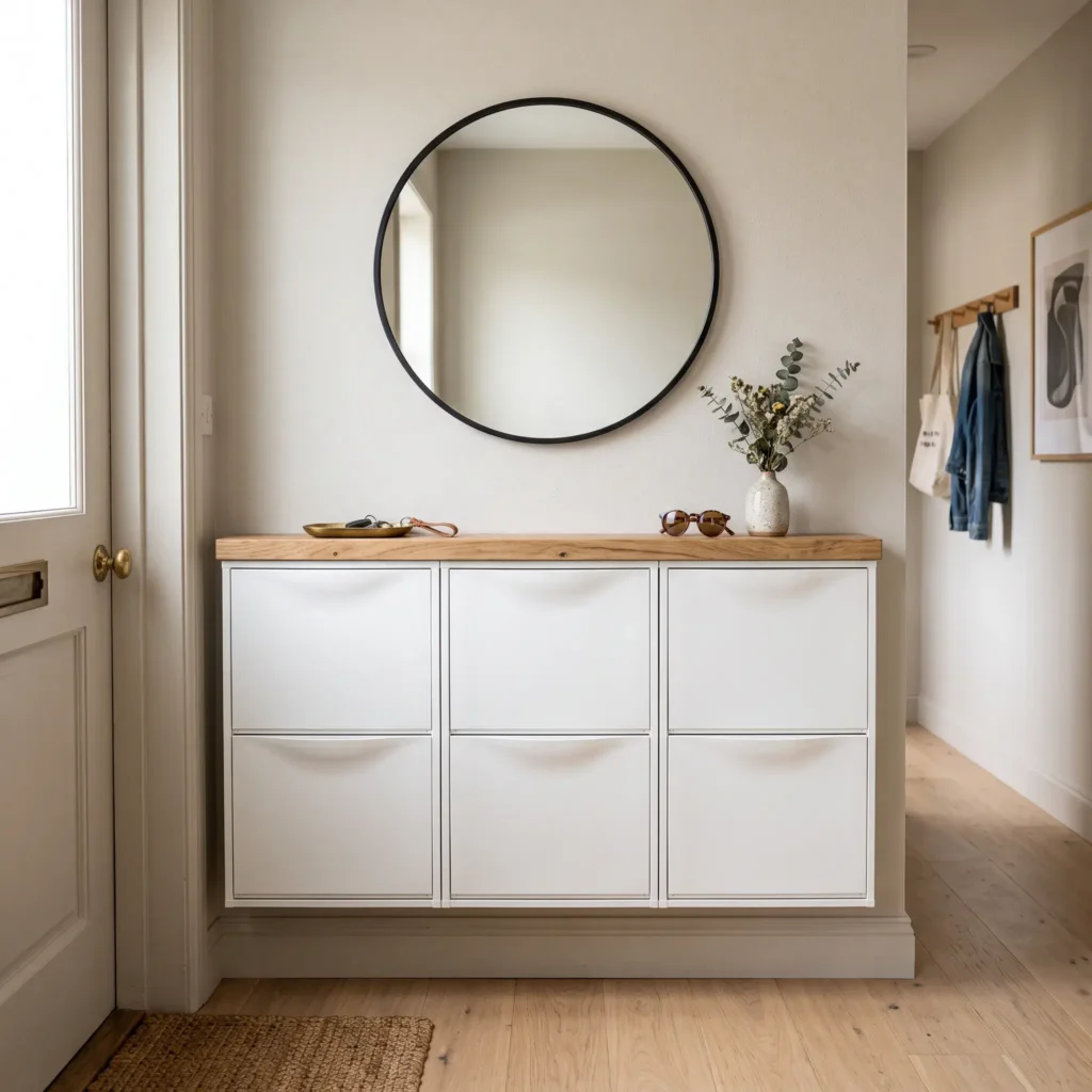 Three white wall-mounted slim shoe cabinets topped with a custom oak wood shelf in an apartment entryway.